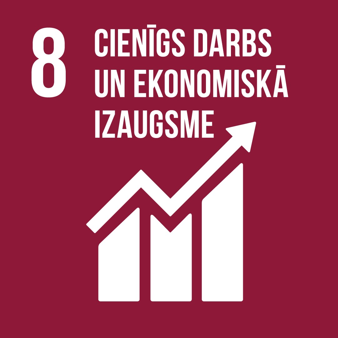 Attēlā ir Apvienoto Nāciju Organizācijas ilgtspējīgas attīstības astotais mērķis - cienīgs darbs un ekonomiskā izaugsme. To raksturo sarkans fons, balti burti un trīs stabiņi virs kuriem ir augšupejoša bulta